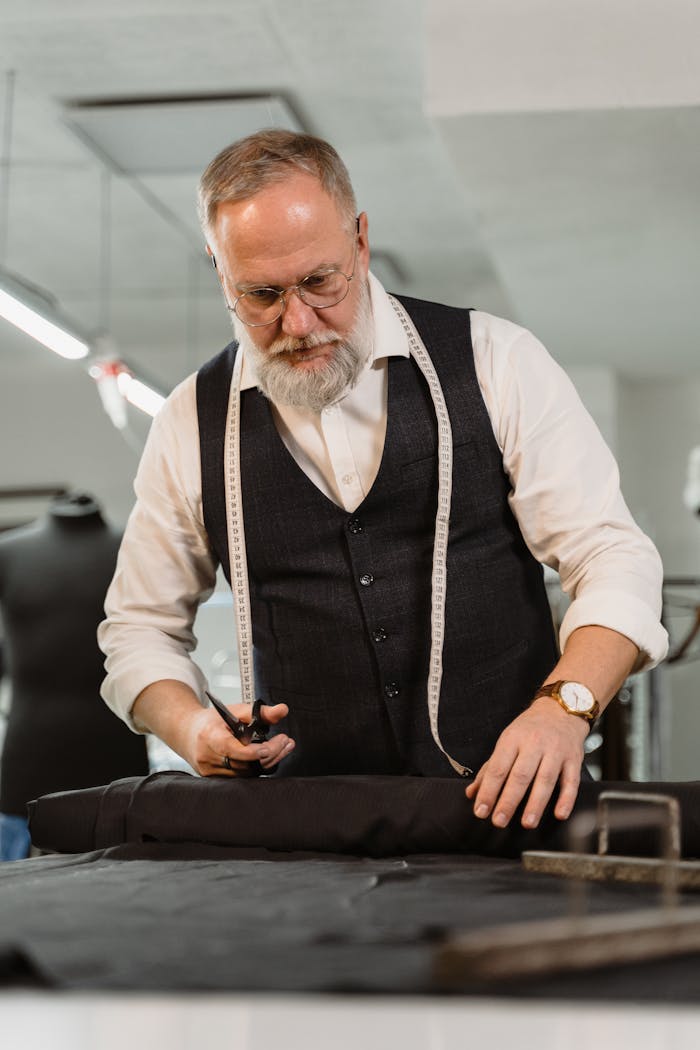 Elderly tailor concentrating on cutting fabric in a stylish fashion workshop.